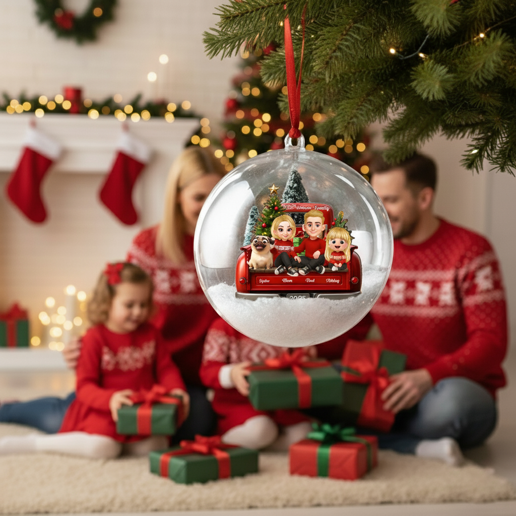 Family Sitting On Truck Ball Ornament - Personalized Snow Globe Ornament - Christmas Festive Decor, Gift for Husband, Wife, Children