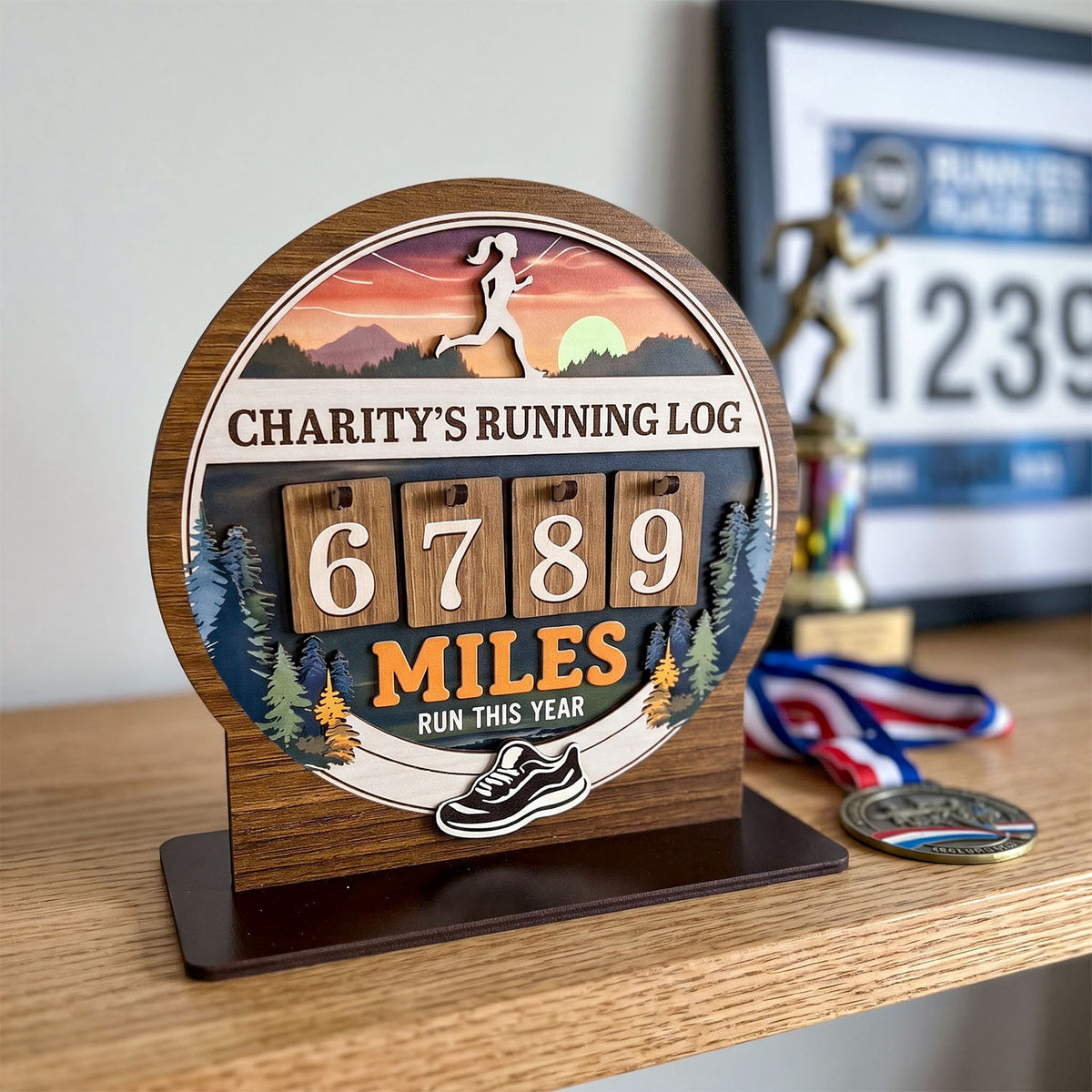 Personalized Running Miles Tracker Sign With Flat Base, Mountain Sunset Design, Holiday Gift for Runners