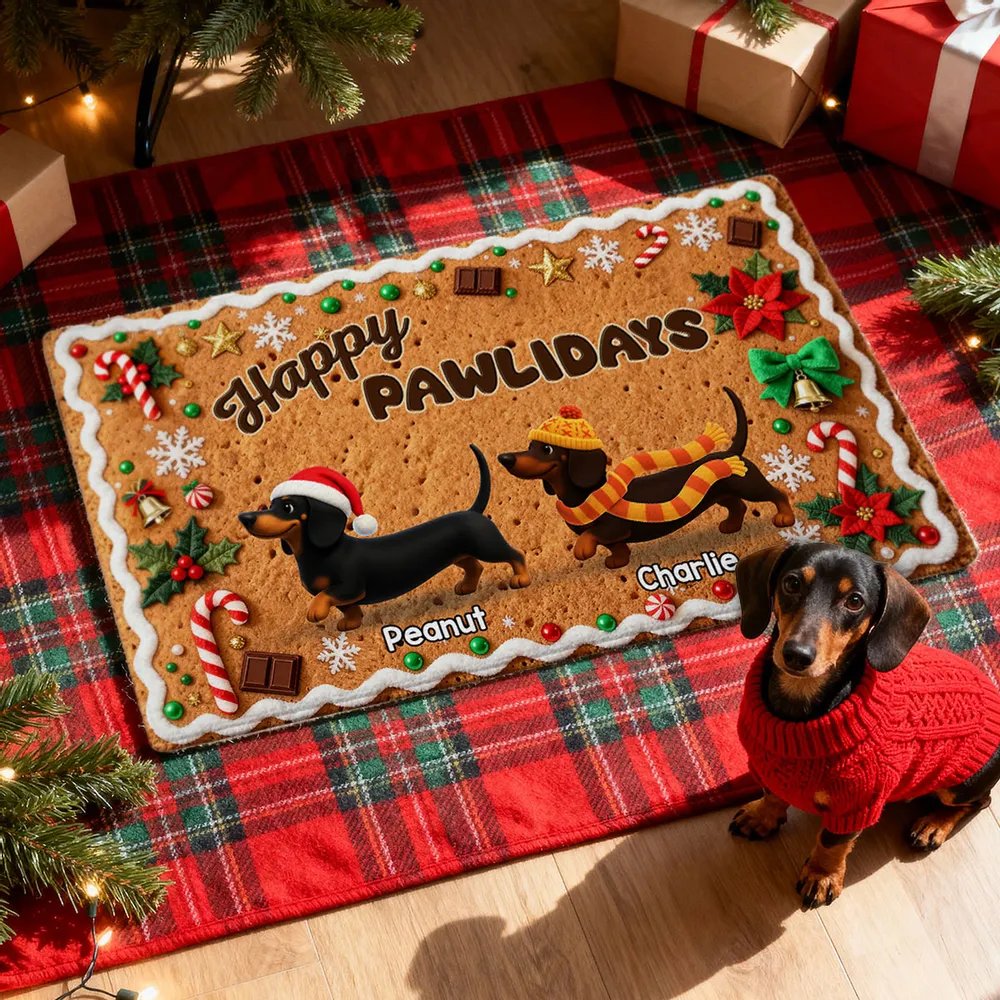 3D Effect Christmas Happy Pawliday Dachshunds Walking Gingerbread Cookie Theme - Personalized Doormat