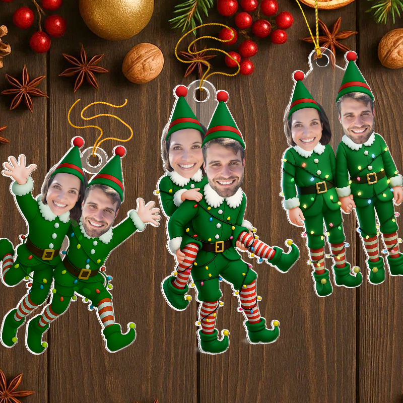 Personalized Funny Photo Face Elf Couple Acrylic Ornament, Christmas Tree Decoration, Gift For Couple