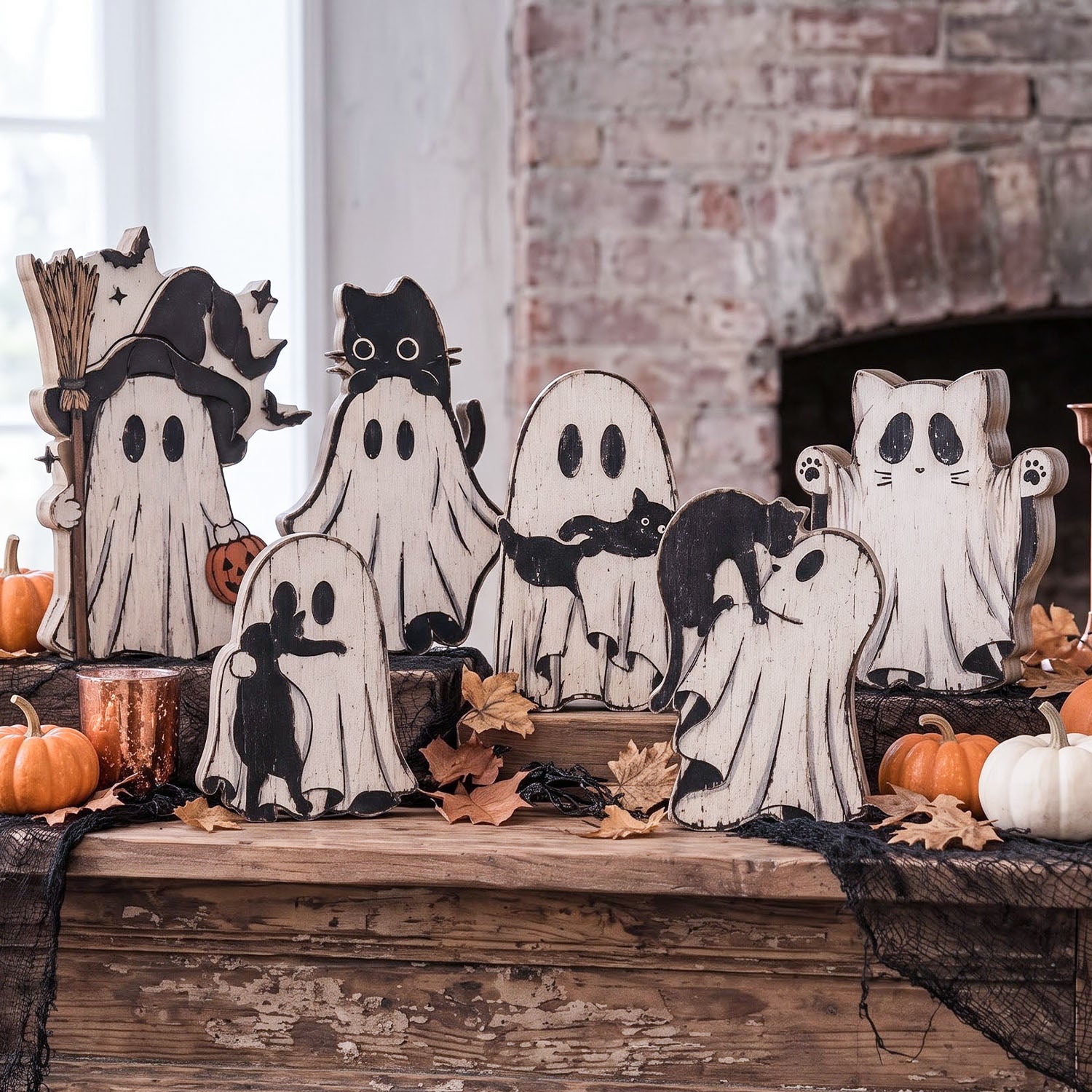 A set of Halloween-themed wooden ghost and cat cutouts arranged on a rustic wooden mantel with pumpkins, autumn leaves, black lace, and a brick fireplace in the background.