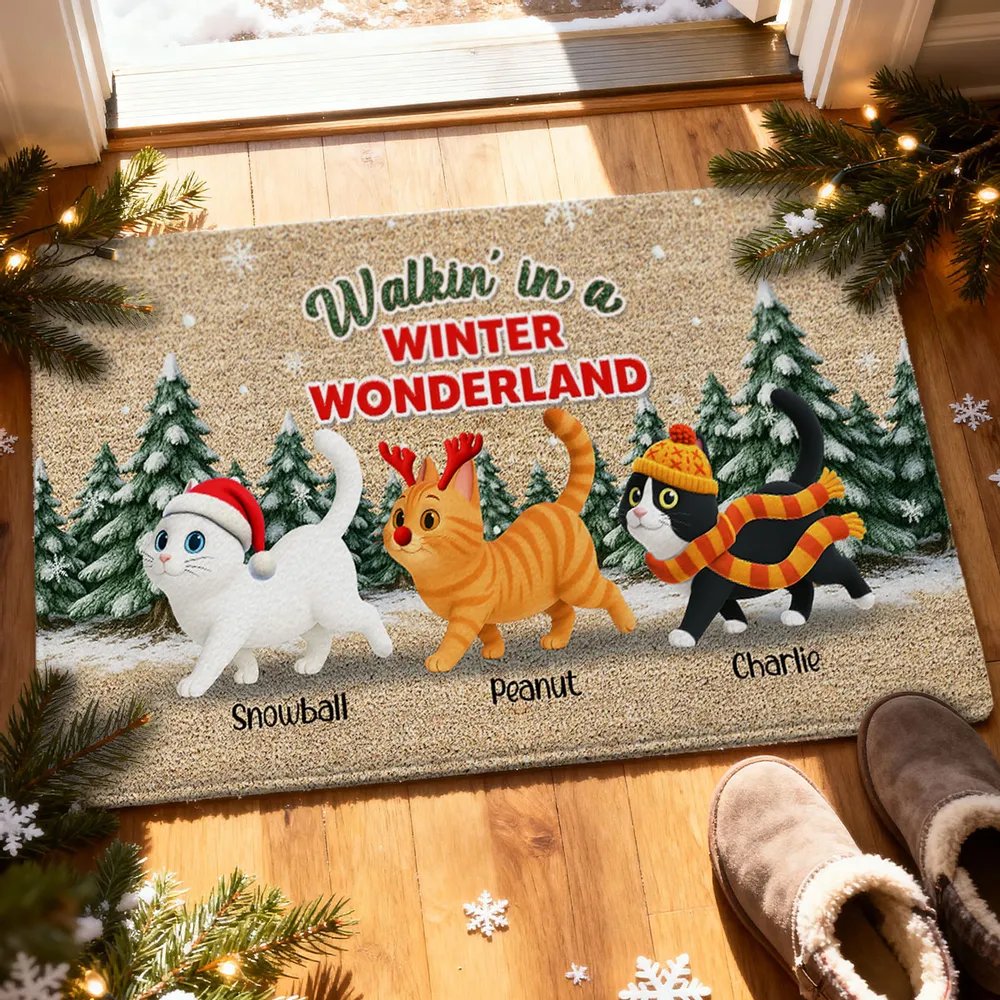 Cats Walking In A Winter Wonderland - Personalized Doormat