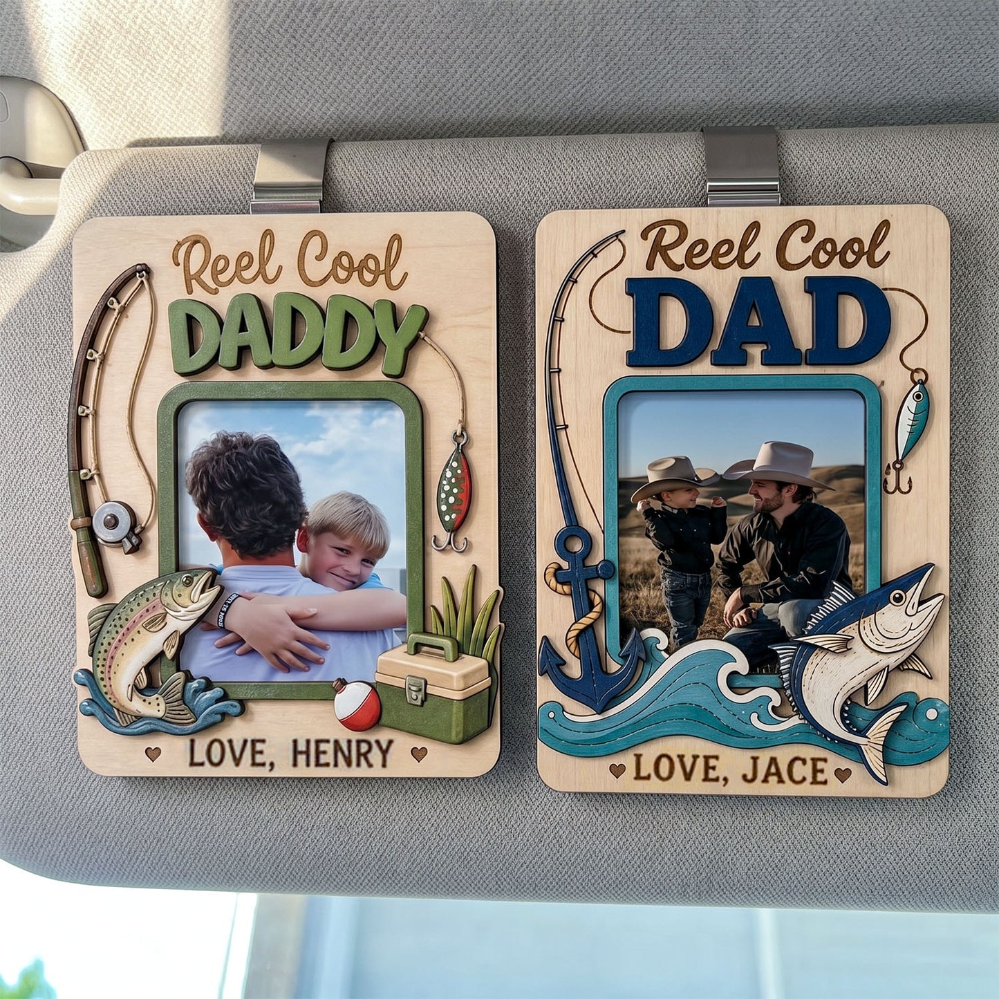 Personalized Fishing Photo Car Visor Clip, Custom Reel Cool Dad Daddy Picture Frame Ornament, Hanging Car Decor Gift, Father’s Day Gift For Dad