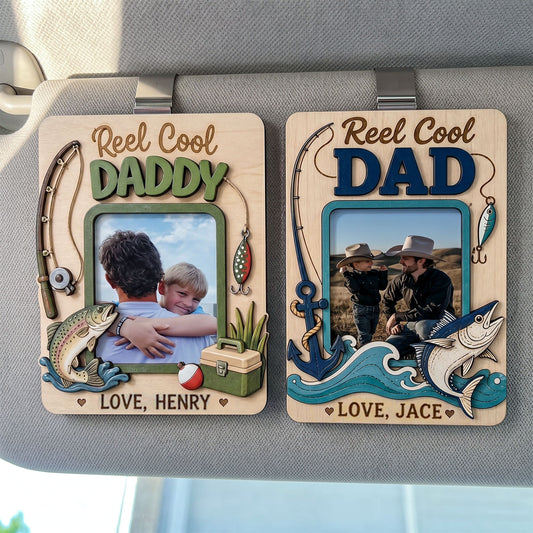 Personalized Fishing Photo Car Visor Clip, Custom Reel Cool Dad Daddy Picture Frame Ornament, Hanging Car Decor Gift, Father’s Day Gift For Dad