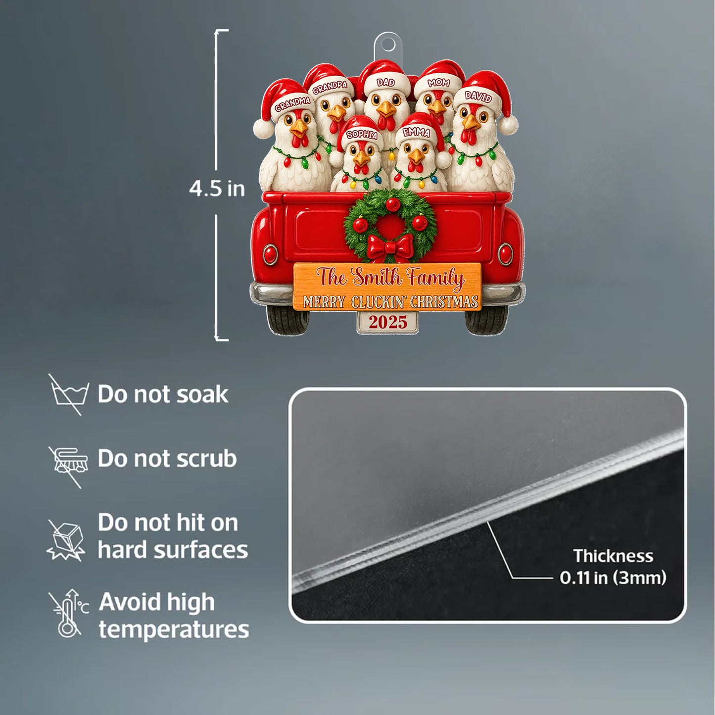 Merry Cluckmas Red Truck - Personalized Chicken Family On Truck Acrylic Ornament