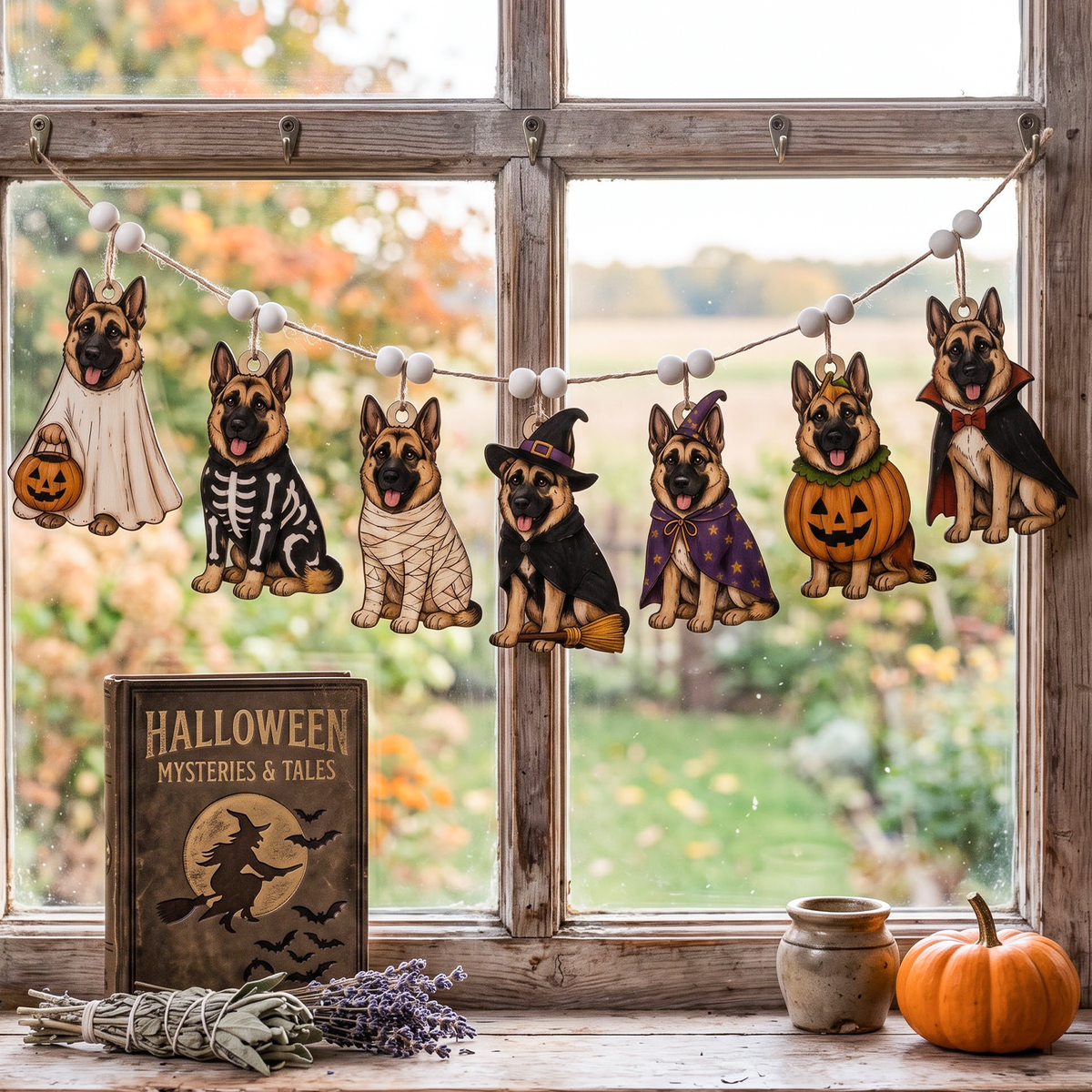 A Halloween-themed string garland featuring seven German Shepherd dog cutouts dressed in costumes, hanging on a rustic wooden window sill with a small pumpkin, a vintage-style book, and dried lavender outside.