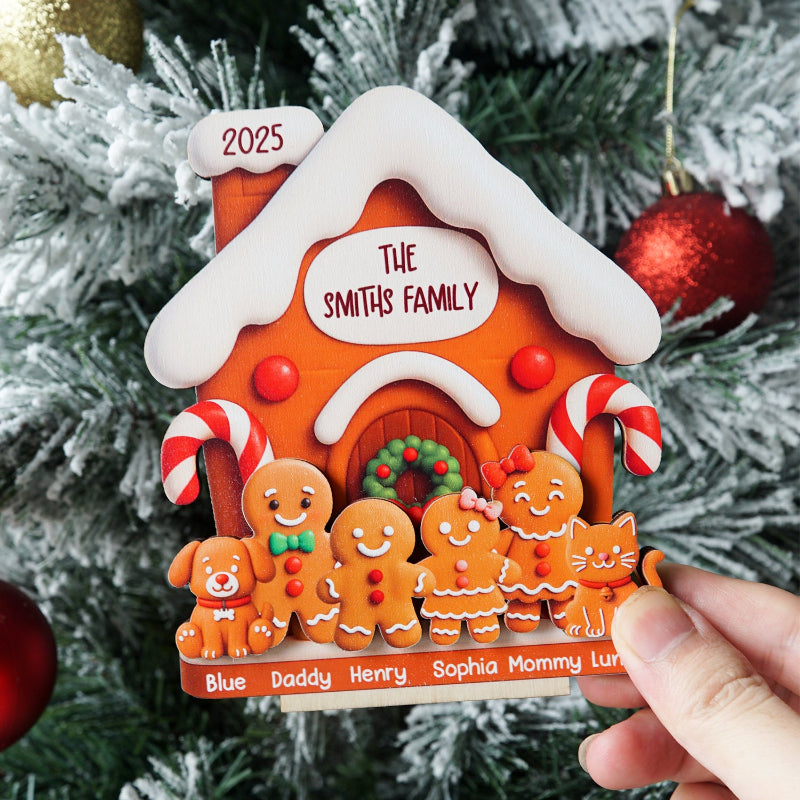 Personalized Gingerbread Family House Standing Wooden Plaque, Personalized Christmas Standing Wooden Plaque