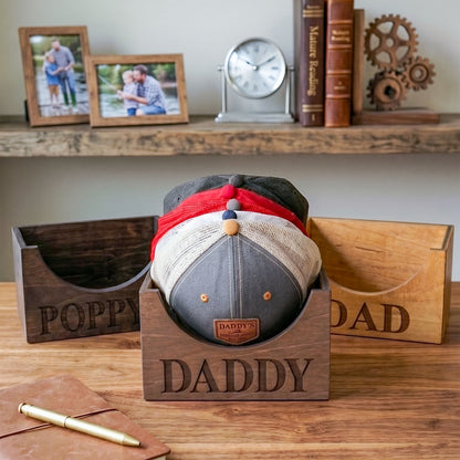 Personalized Wooden Dad Hat Holder Box, Custom Engraved Baseball Cap Storage Display, Rustic Home Decor Organizer, Father’s Day Gift for Dad