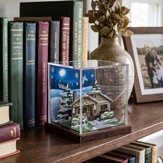 A personalized acrylic shadow box display on a wooden shelf, featuring a 3D pop-up winter cabin scene with snow-covered trees, a moonlit sky, and custom text reading 'Winter Wonderland - The Witten Family 1955'. The display is housed in a clear acrylic case on a dark wooden base, styled next to books and a framed photo.