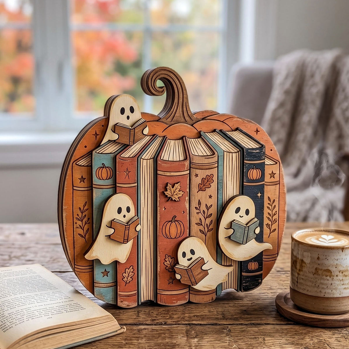 Halloween Pumpkin Bookshelf Wooden Block Sign, Ghost Reading Books, Pumpkin Book Stack Decor
