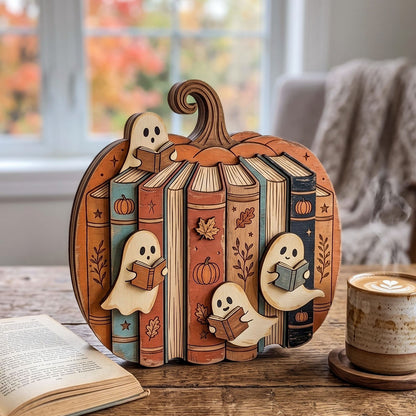 Halloween Pumpkin Bookshelf Wooden Block Sign, Ghost Reading Books, Pumpkin Book Stack Decor