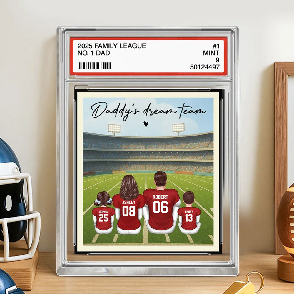 American Football Daddy's Dream Team No. 1 Dad Man & Kids Sitting Trading Card Style Personalized Acrylic Block Plaque