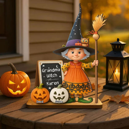 Personalized Grandma Witch Standing Wooden Plaque, Halloween Jack-o'-lantern Decor for Grandma