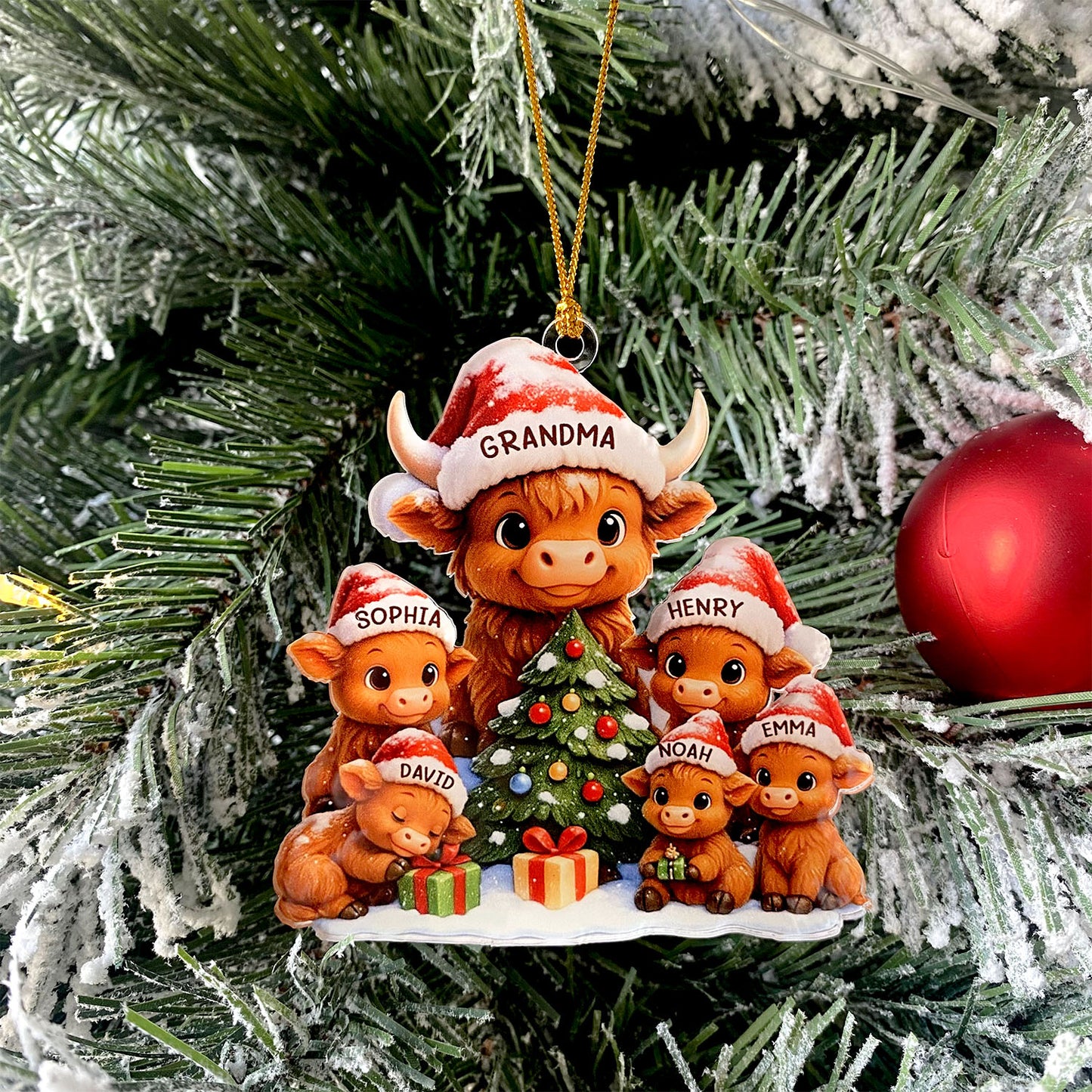Personalized Christmas Grandma Cow Family On Truck Acrylic Ornament, Christmas Ornament Gift