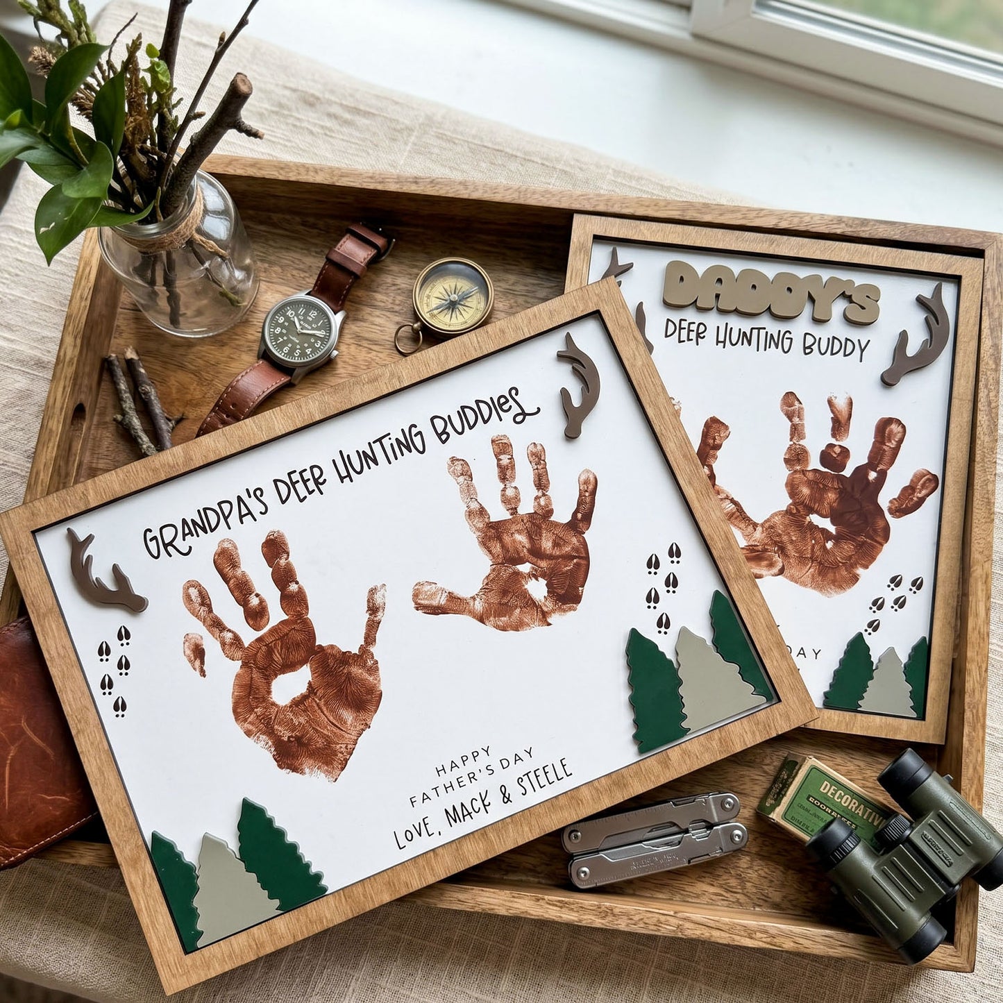Personalized Deer Hunting Handprint Wooden Sign, Custom Daddy Grandpa Hunting Buddy Sign Decor, Rustic Father's Day Gift