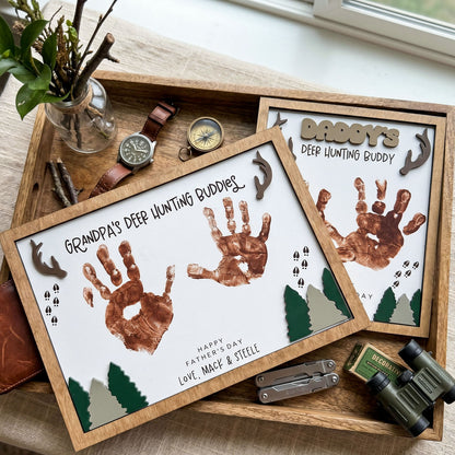 Personalized Deer Hunting Handprint Wooden Sign, Custom Daddy Grandpa Hunting Buddy Sign Decor, Rustic Father's Day Gift