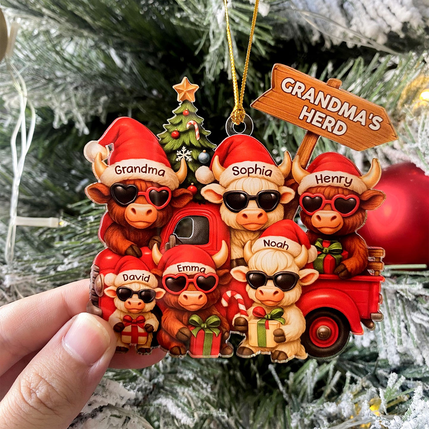 Personalized Christmas Highland Cow On Truck Acrylic Ornament, Family Christmas Ornament