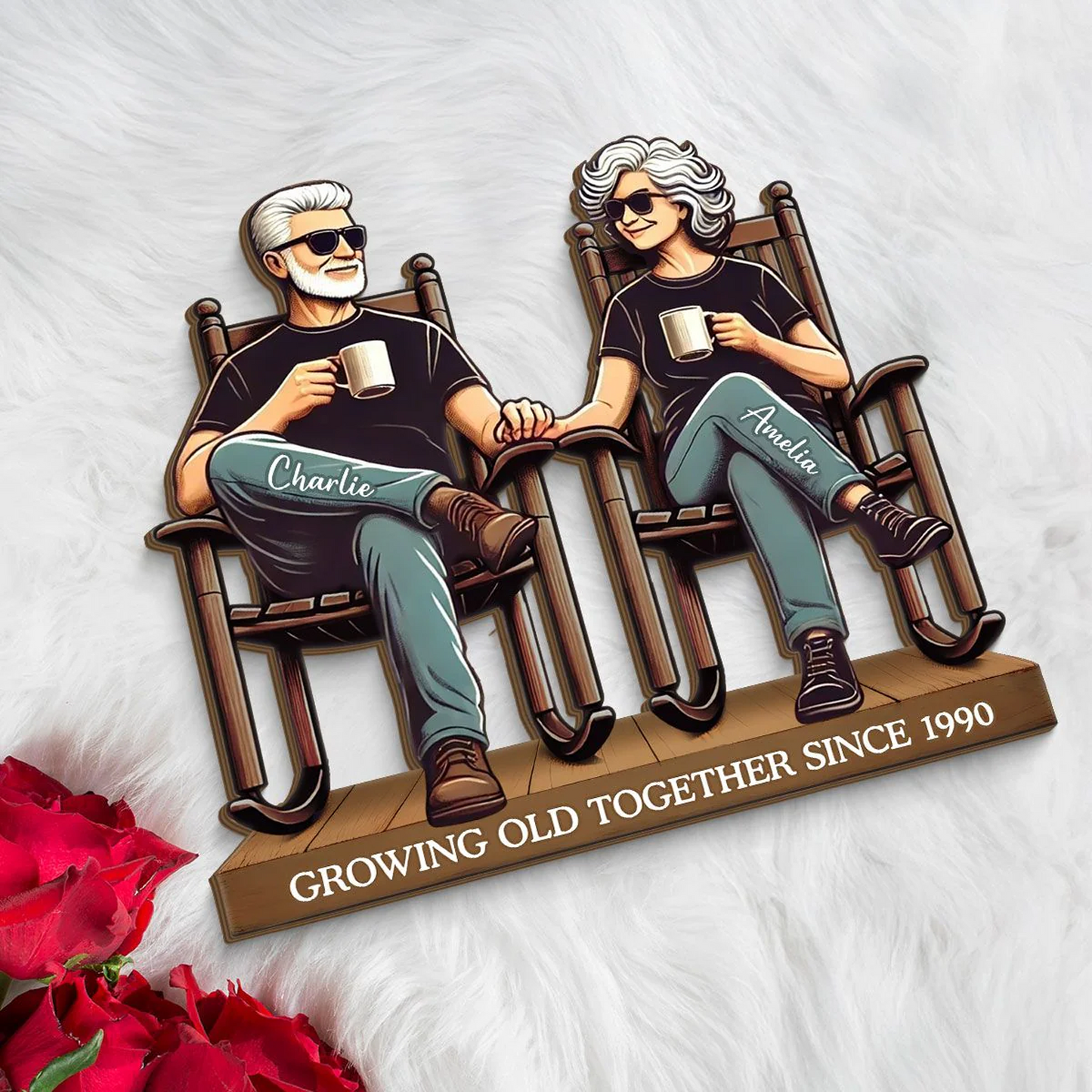 Personalized Old Couple Sitting On Front Porch Standing Wooden Plaque, Heartfelt Valentine's Day Gift For Old Couple