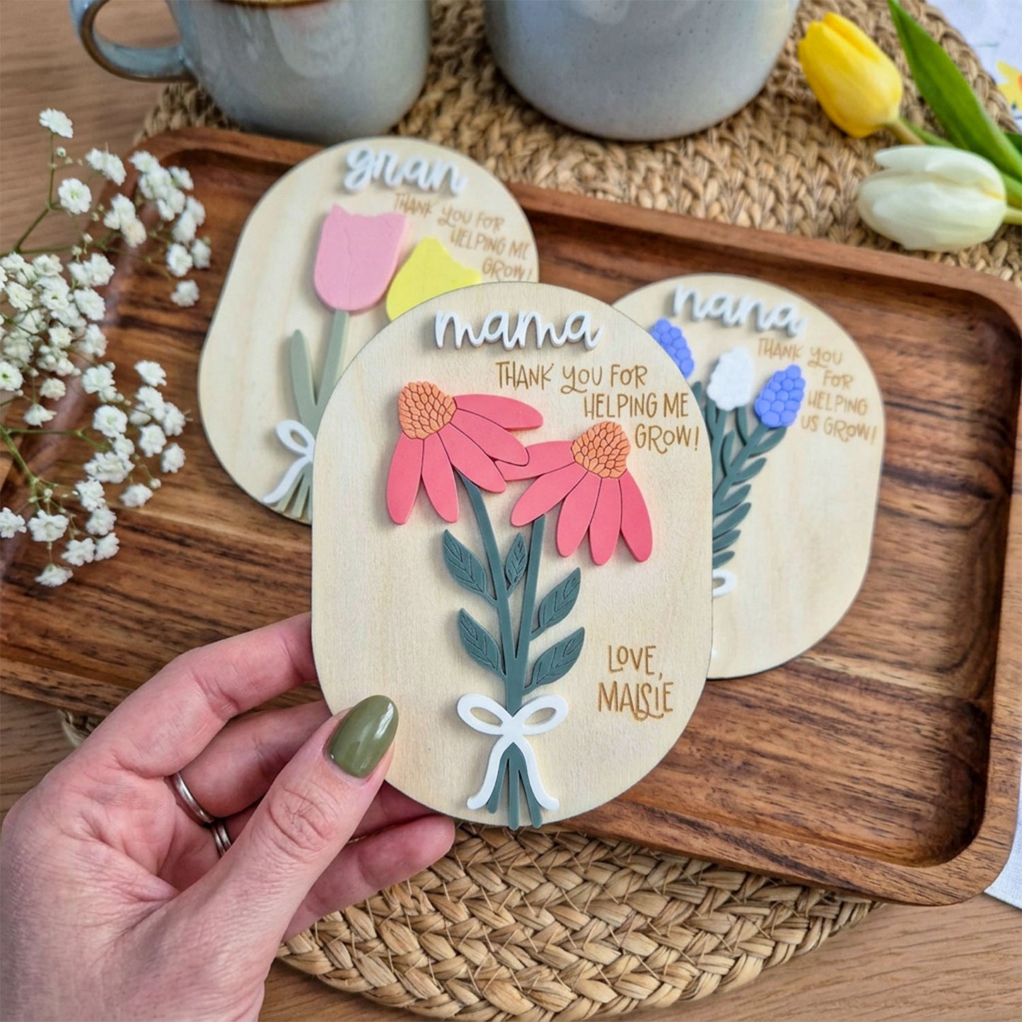 Personalized Quote Floral Wooden Magnet Sign, Thank You For Helping Me Grow Gift, Personalized Mother’s Day Refrigerator Decor
