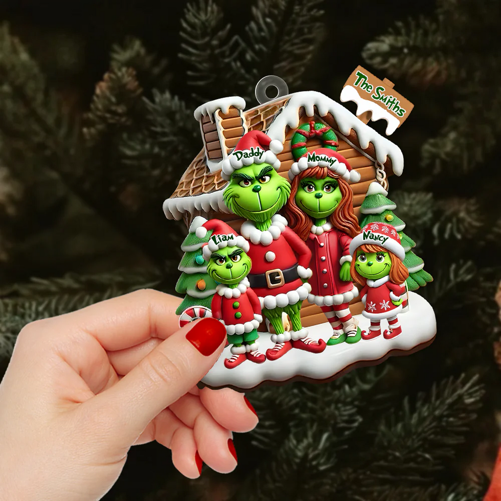 Personalized Cartoon Grinch Family Acrylic Ornament, Heartwarming Holiday Decoration For Family