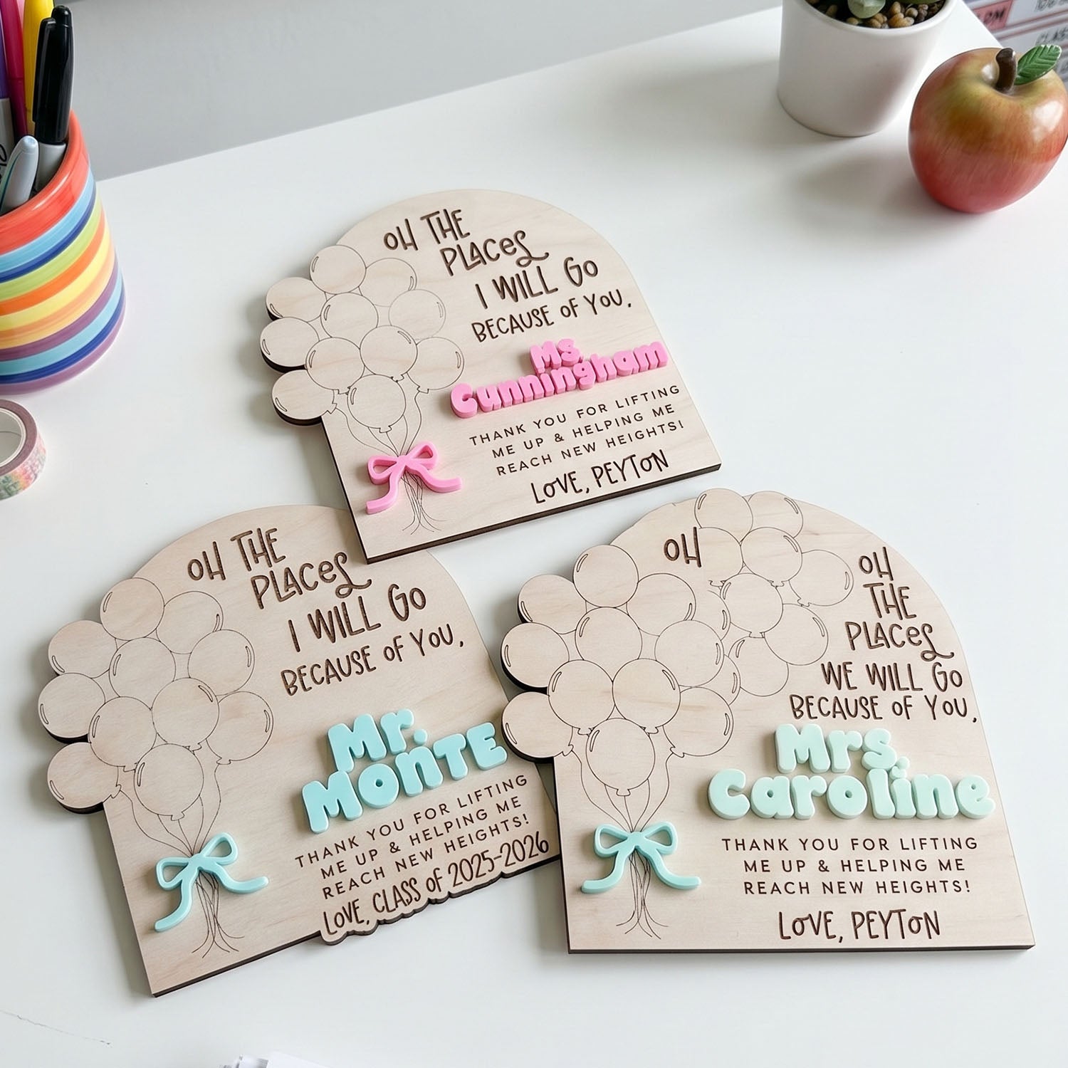 Personalized Teacher Balloon Fingerprint Sign, Custom Handprint Wooden Plaque for Teacher, Oh The Places You Will Go Design, End Of School Year Gift, Kids Keepsake
