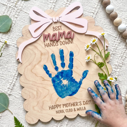 Personalized DIY Bow Ribbon Scallop Handprint Sign, Custom Kids Handprint Keepsake Plaque, Best Mama Grandma Hands Down Design, Mother’s Day Gift, Family Keepsake Decor