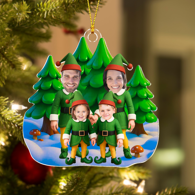 Personalized Photo Elf Family Standing Together Acrylic Ornament, Family Christmas Tree Decoration