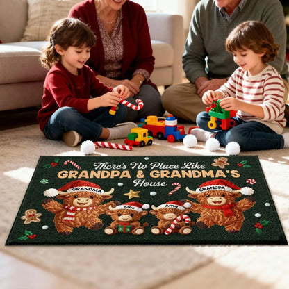 3D Faux Crochet Effect Christmas Grandma Grandkids Highland Cow Together - Personalized Doormat
