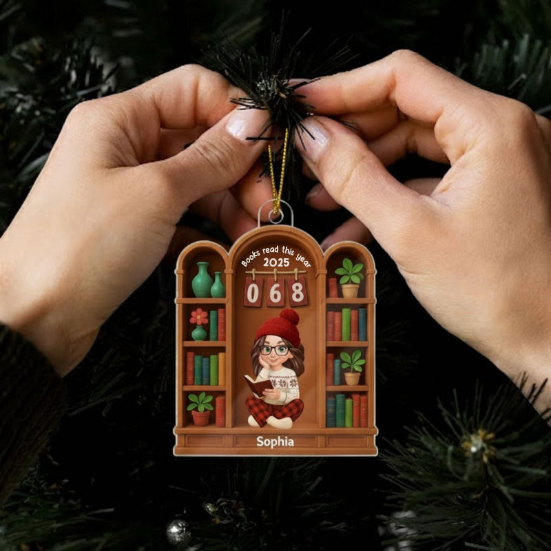 Books Read This Year, Personalized Girl Sitting On Bookshelf Acrylic Ornament, Gifr For Book Lover, Bookworm