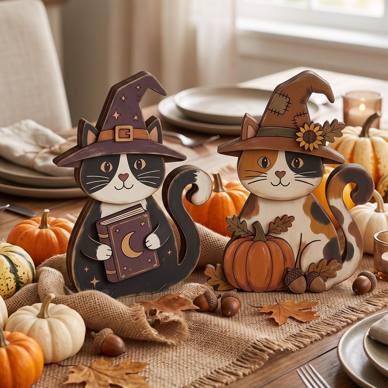 Two decorative cat figurines dressed as witches sit on a fall-themed table runner. One cat is black and white holding a book with a crescent moon, and the other is cream and brown with a pumpkin and acorns.