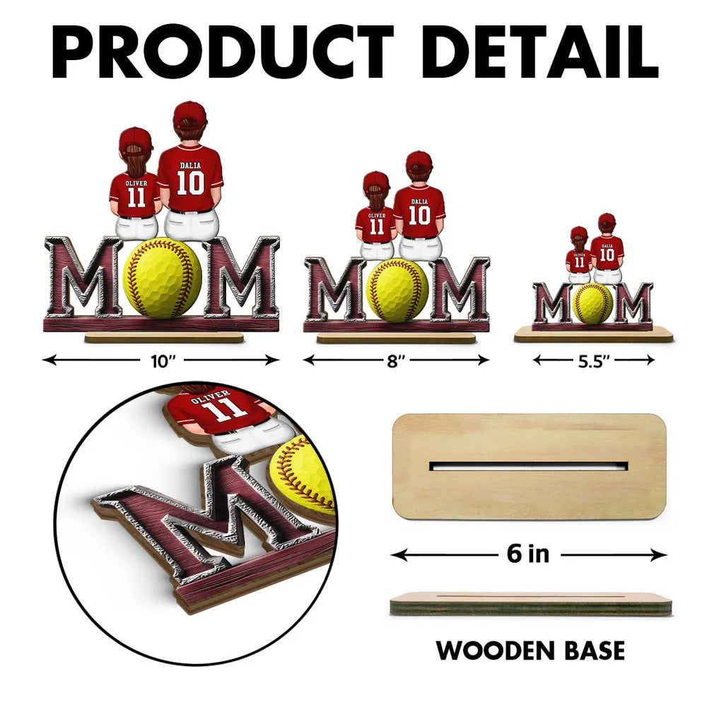 Baseball, Softball Mom And Kids Sitting On Text Personalized Standing Wooden Plaque, Mother's Day Gift