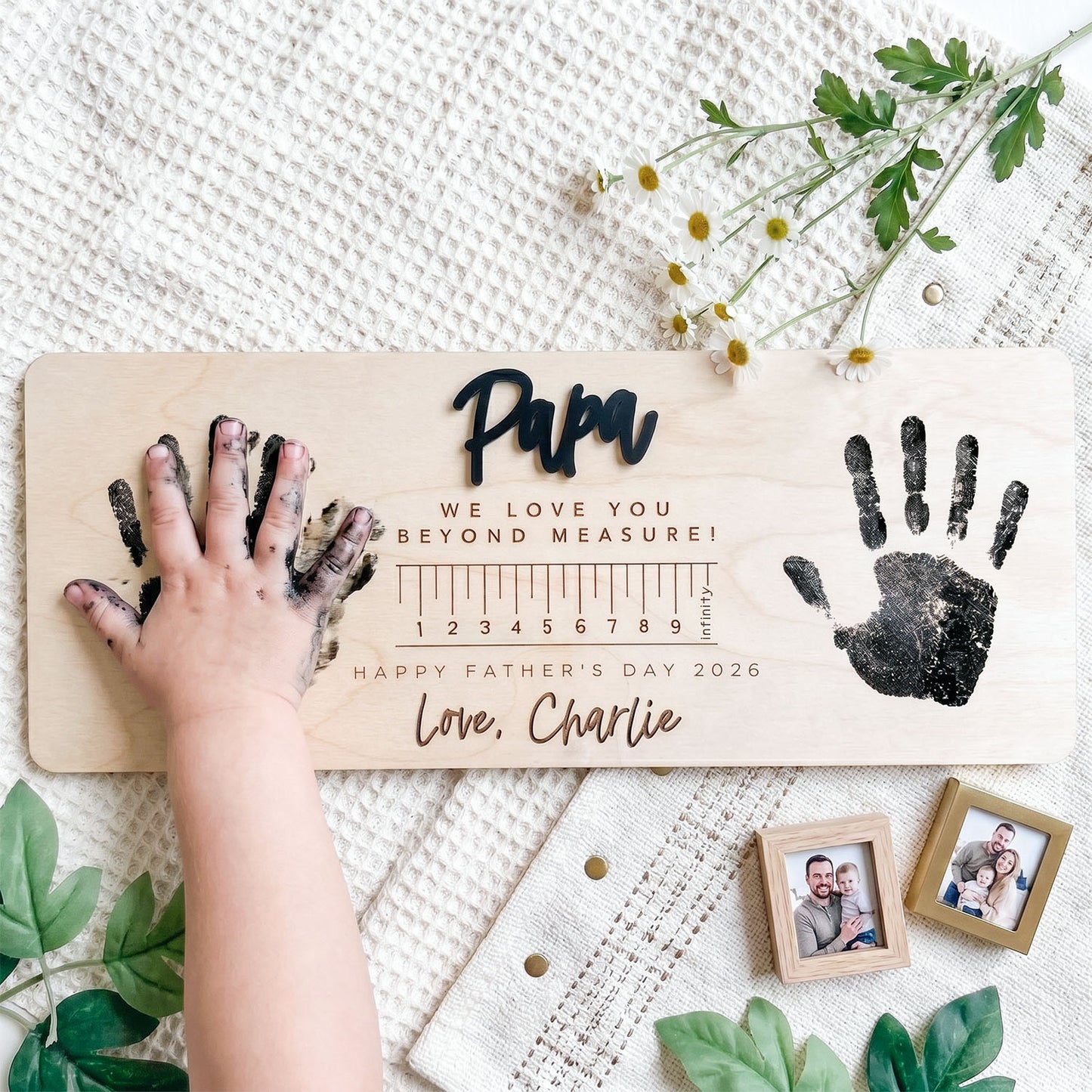Personalized Kids Love Measure Wooden Handprint Sign, Custom Daddy Papa Handprint Sign Decor, Meaningful Father's Day Gift