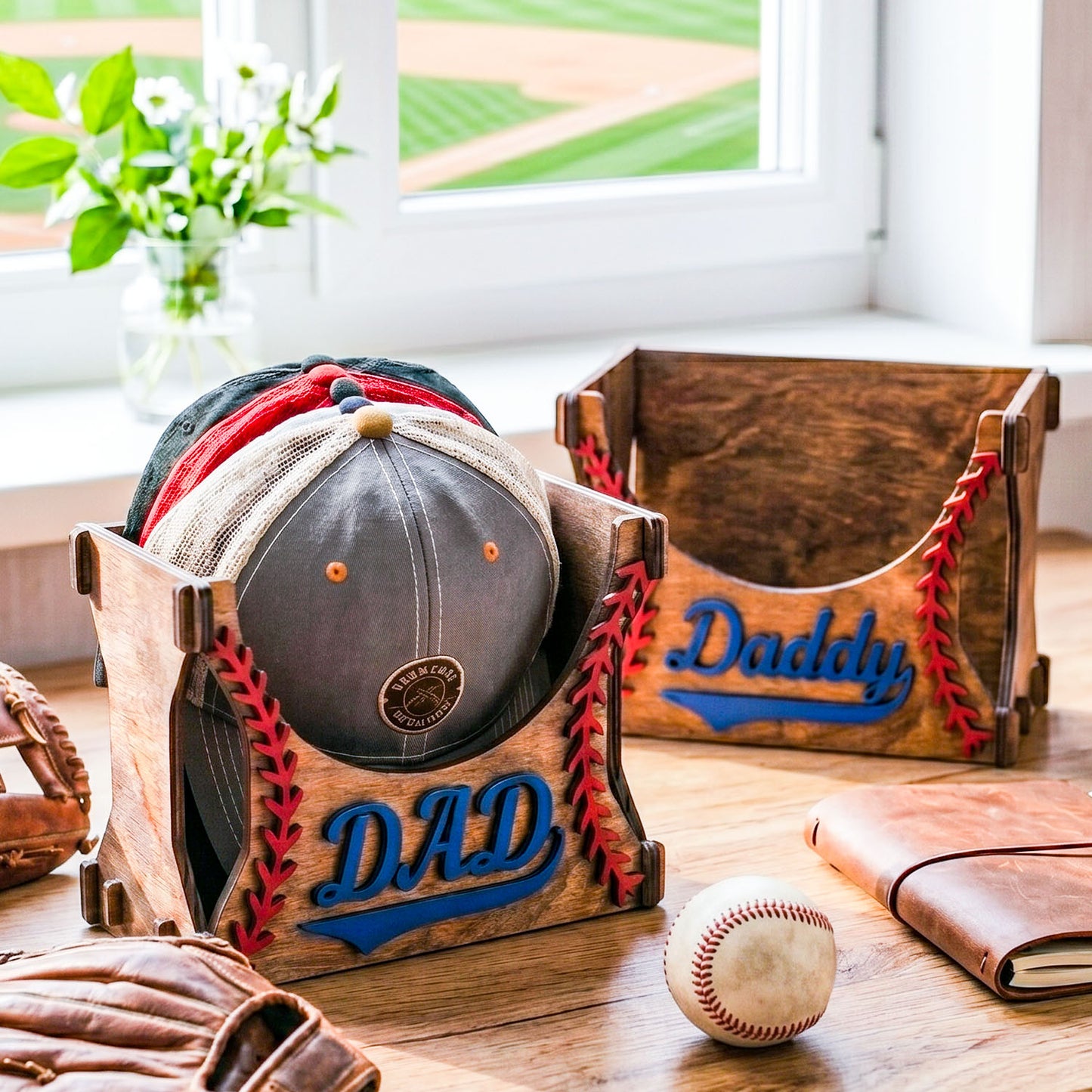 Personalized Baseball Cap Holder Box, Custom Wooden Hat Storage Box With Baseball Stitch Design, Rustic Sports Room Decor, Father’s Day Gift