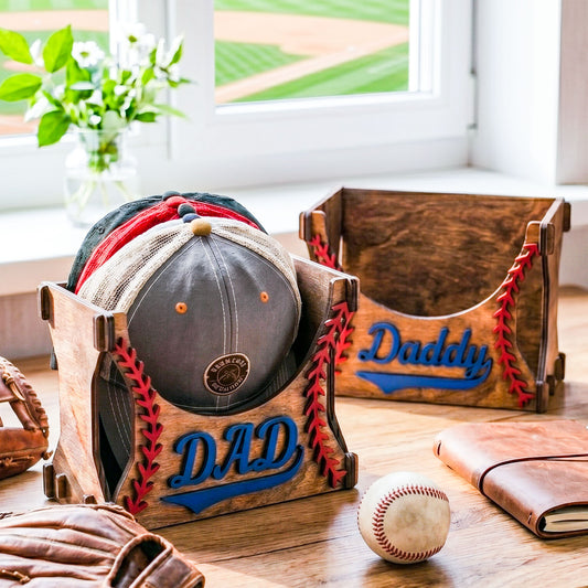 Personalized Baseball Cap Holder Box, Custom Wooden Hat Storage Box With Baseball Stitch Design, Rustic Sports Room Decor, Father’s Day Gift