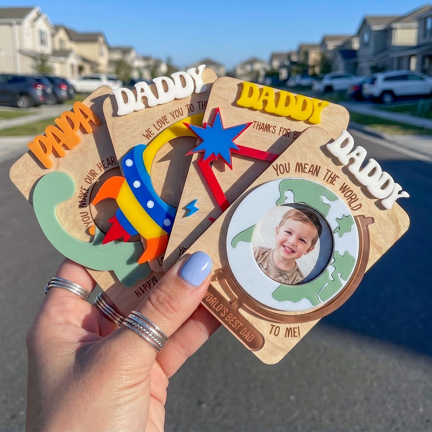 Personalized Playful Photo Holder Fridge Magnet, Custom Daddy Papa Picture Frame Magnet, Rocket Dinosaur Globe Design, Father’s Day Gift, Family Photo Keepsake