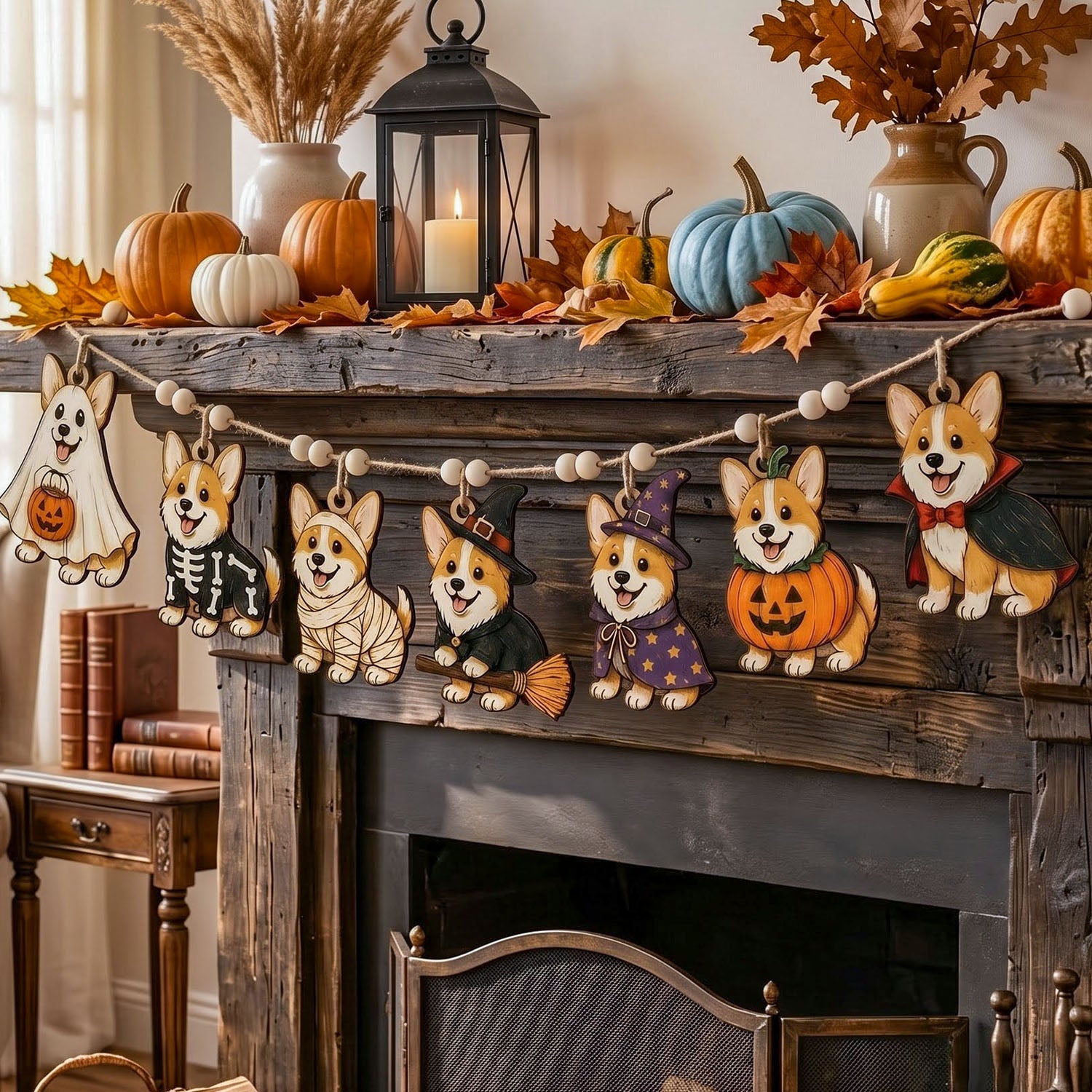 A decorative Halloween garland featuring carved corgi figures dressed as a ghost, skeleton, mummy, witch, pumpkin, and vampire, hanging across a rustic wooden fireplace mantel decorated with pumpkins, autumn leaves, a lantern, and ceramic vases.
