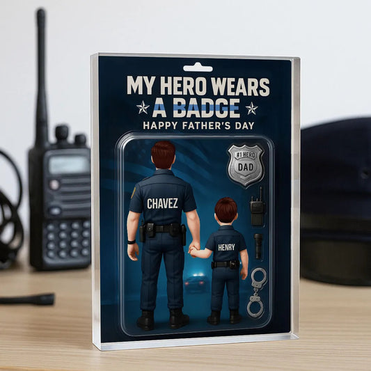 My Hero Wears A Badge Police Dad, Custom Figure Personalized Acrylic Block Plaque, Father's Day Gift for Dad, Gift for Husband