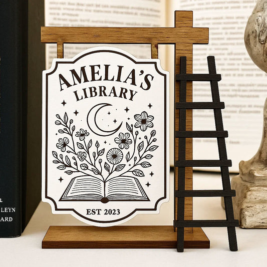 Personalized Wildflower Book Moon Book Signpost Mini Plaque, Library Decor, Bookshelf, Book Lover Gift, Bookish, Gifts For Readers