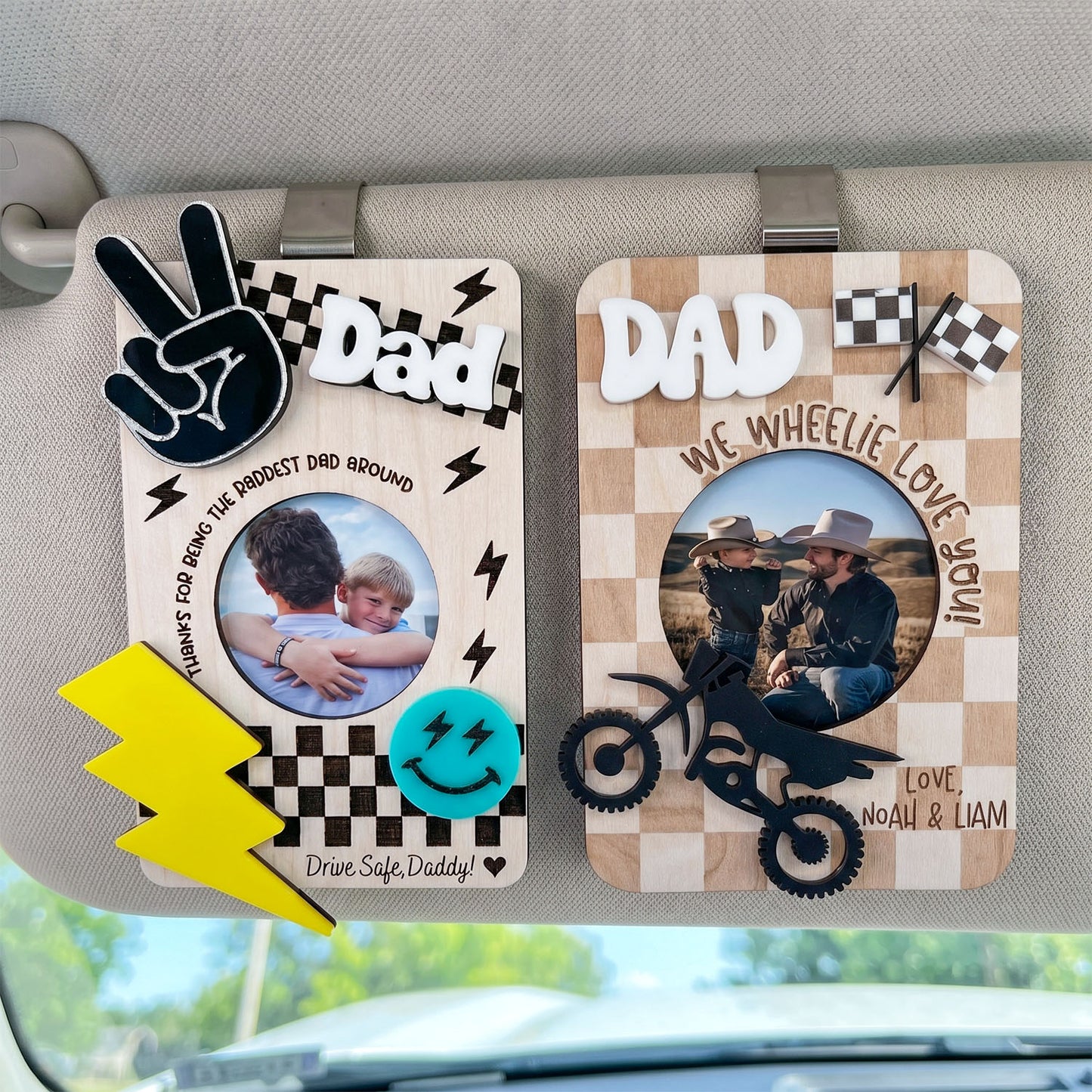Personalized Racing Photo Holder Car Visor Clip, Custom Dad Car Sun Visor Picture Frame With Motocross And Checkered Flag Decor, Drive Safe Gift From Kids