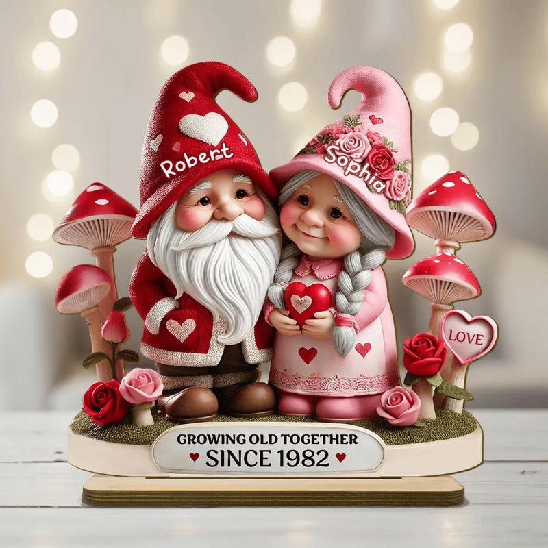 Gnome Mushroom Old Couple Valentine's Day Gift for him, Gift for her, Personalized Wooden Standing