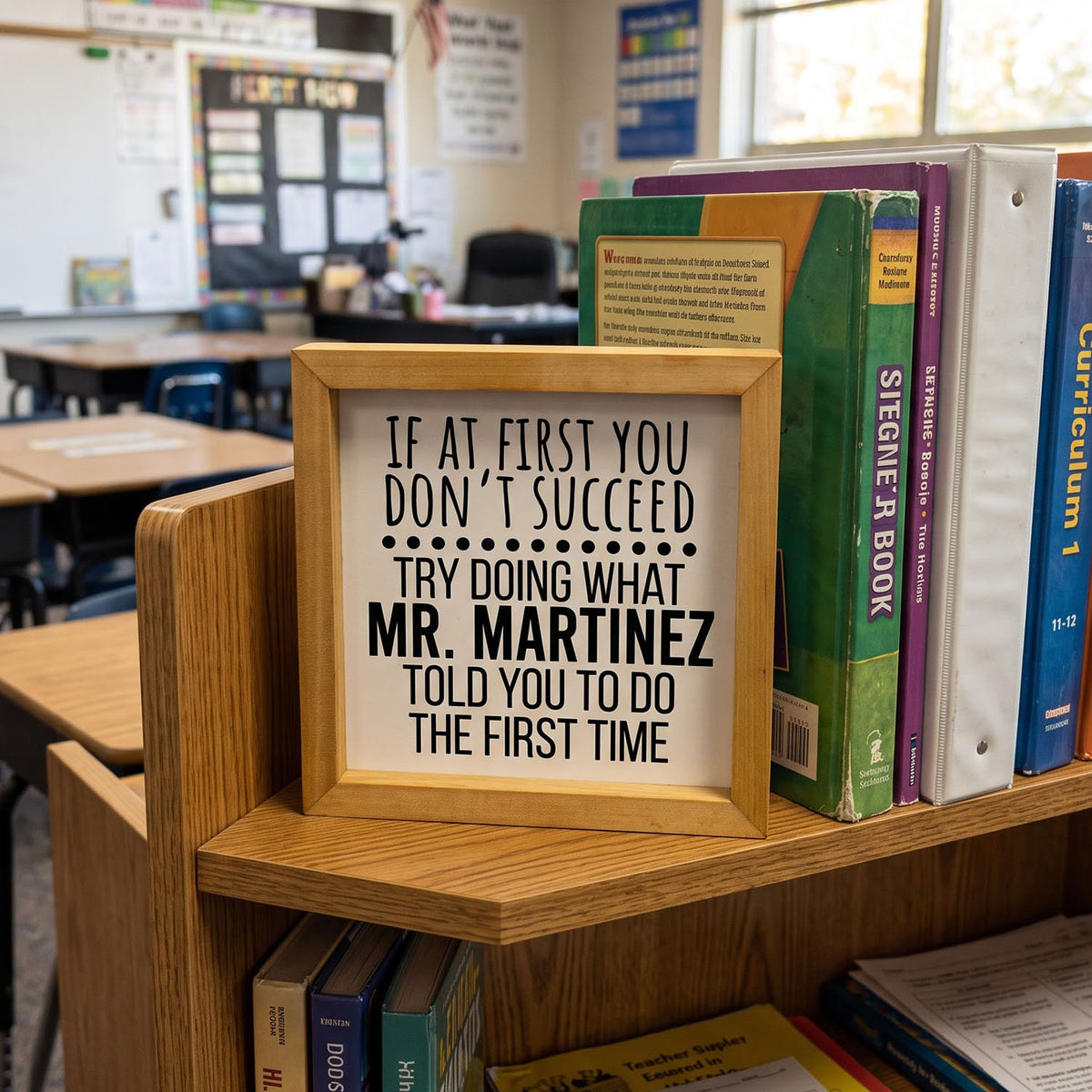 A square framed motivational sign with a wood-grain border and black text reading 'IF AT FIRST YOU DON'T SUCCEED TRY DOING WHAT MR. MARTINEZ TOLD YOU TO DO THE FIRST TIME' displayed on a wooden bookshelf in a classroom setting.