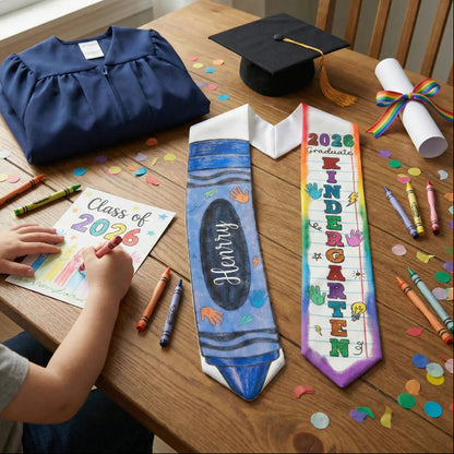 Kid Pencil Graduation Stole, Custom Name Crayon Pre K Grad Sash, Kindergarten Class Of 2026 Boy Girl, Personalized Graduation Gift for Son