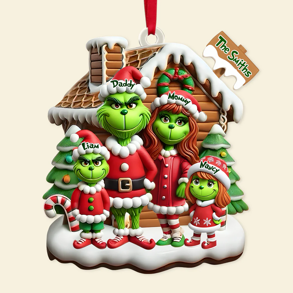 Personalized Cartoon Grinch Family Acrylic Ornament, Heartwarming Holiday Decoration For Family