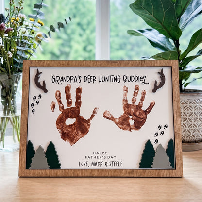 Personalized Deer Hunting Handprint Wooden Sign, Custom Daddy Grandpa Hunting Buddy Sign Decor, Rustic Father's Day Gift