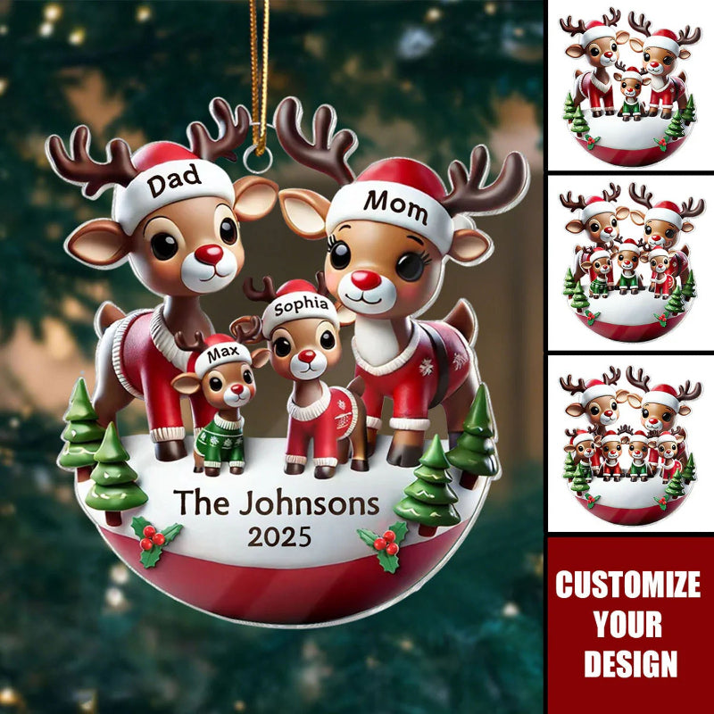 Personalized Reindeer Family 3D Effect Acrylic Ornament, Cute Christmas Decoration