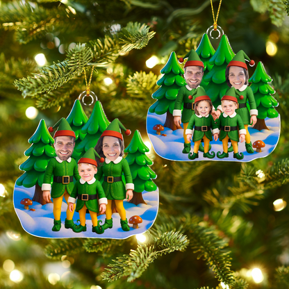 Personalized Photo Elf Family Standing Together Acrylic Ornament, Family Christmas Tree Decoration
