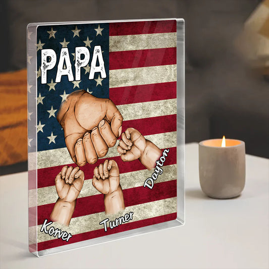 Personalized American Flag Papa Fist Bump Acrylic Block Plaque, Father's Day Gift For Dad And Grandpa