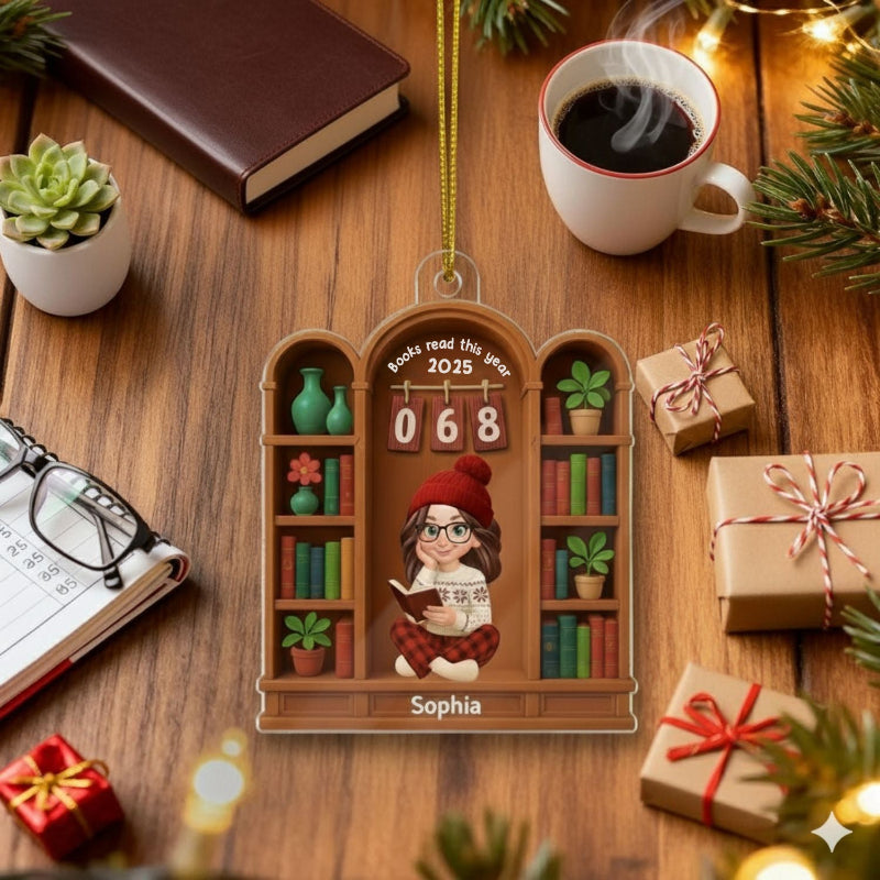 Books Read This Year, Personalized Girl Sitting On Bookshelf Acrylic Ornament, Gifr For Book Lover, Bookworm