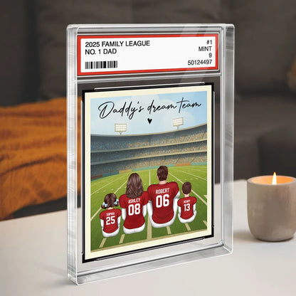 American Football Daddy's Dream Team No. 1 Dad Man & Kids Sitting Trading Card Style Personalized Acrylic Block Plaque