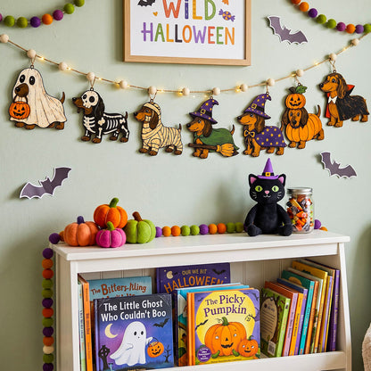 A styled Halloween-themed nursery scene featuring a wooden dachshund costume garland with various dog costumes, a black cat plush, books on a white shelf, and bat cutouts on a light green wall.